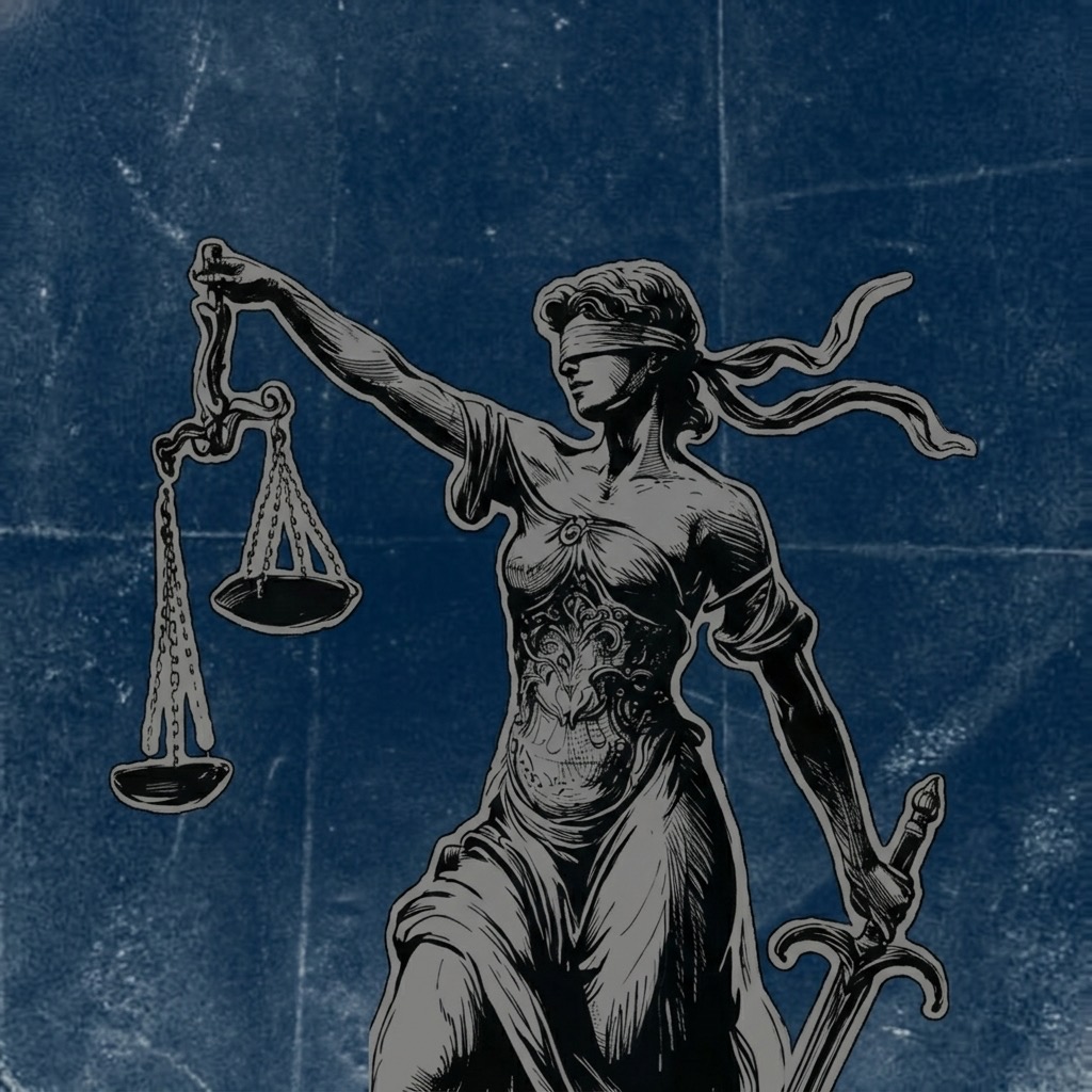 Illustration of Justice holding the scales and the sword on a blue ground
