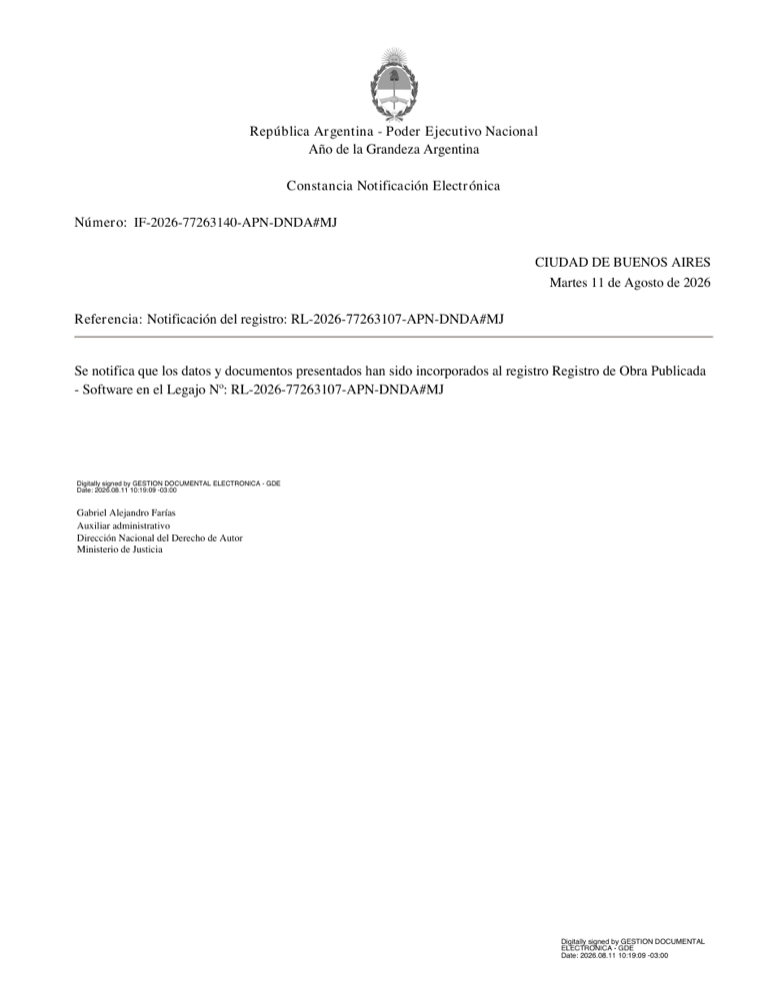 Constancia de notificación electrónica del registro de Silver Hammer en la Dirección Nacional del Derecho de Autor